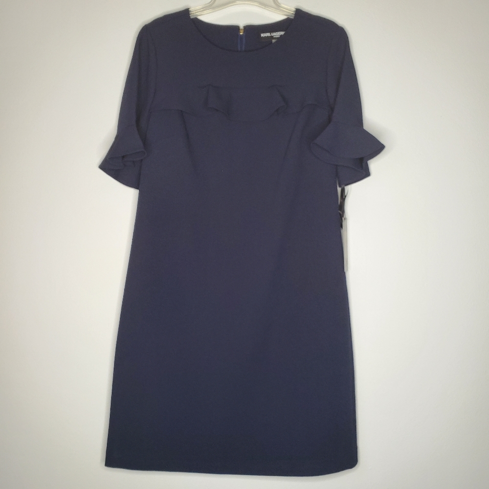 NWT Karl Lagerfeld Navy Blue Ruffle Dress - Picture 2 of 8